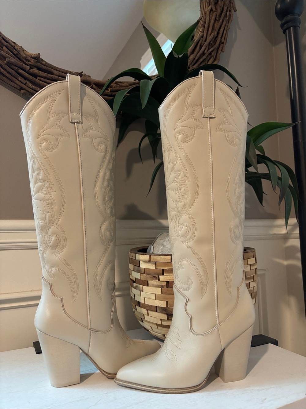 Steve Madden Cream Knee-High Western Boots with Block Heel - Picture 9 of 16